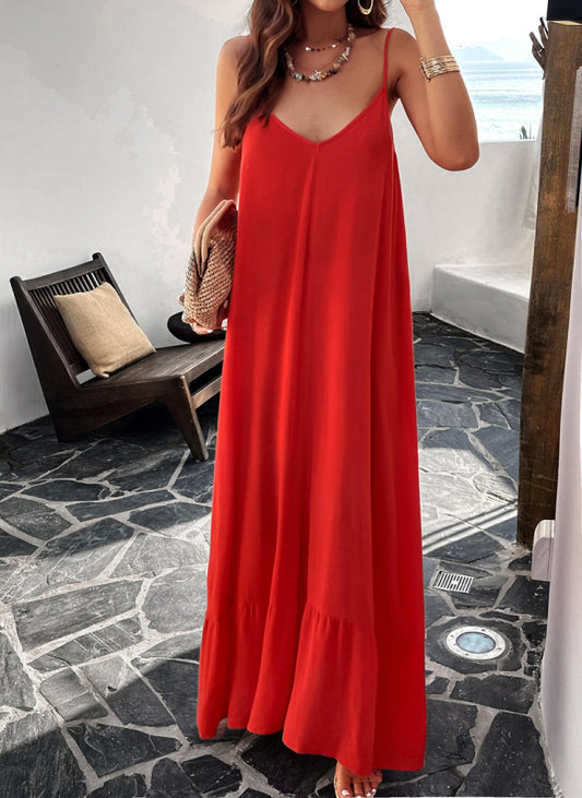 Boho Solid Color Loose Suspender Dress – Lightweight Viscose Midi for Summer