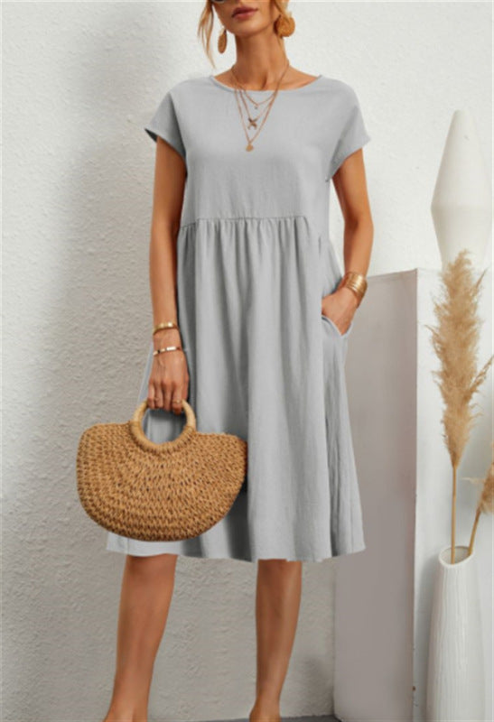 Solid Cotton A-Line Dress – Short Sleeves, Round Neck, Flowy Fit