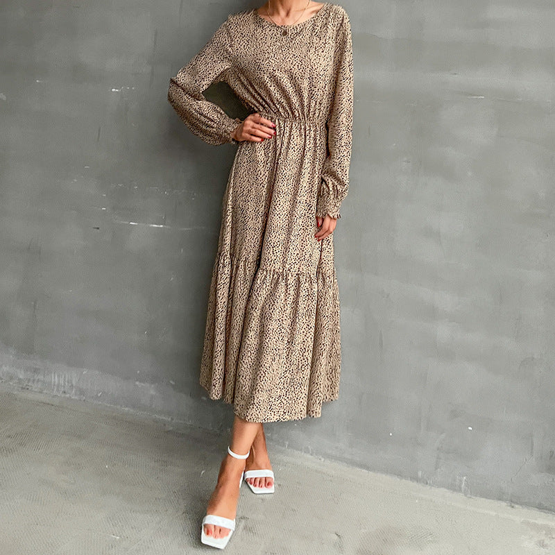 Leopard Print Long Sleeve Round Neck Maxi Dress – Autumn & Winter Style