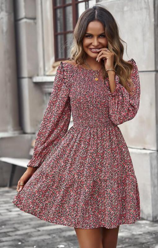 Floral Long Sleeve A-Line Dress