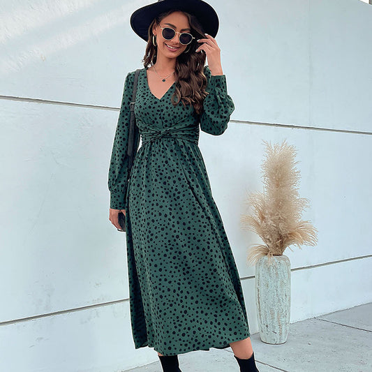 Green Leopard Print Long Sleeve Maxi Dress – Spring-Summer Collection