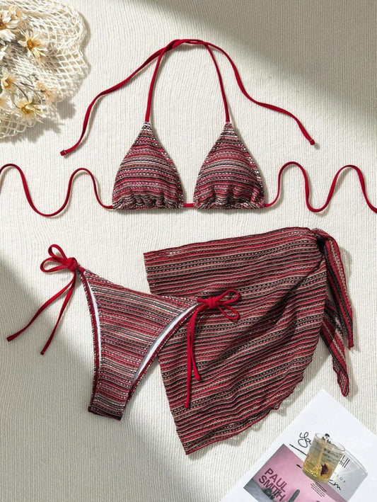 Striped Halter Bikini Set with Matching Cover-Up – High Elasticity Fit