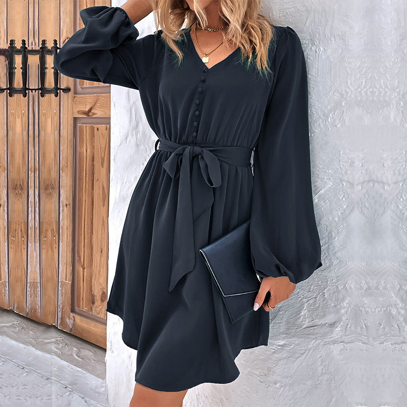 Woven V-Neck Long Sleeve Lantern Dress – High Waist & Elegant Fit
