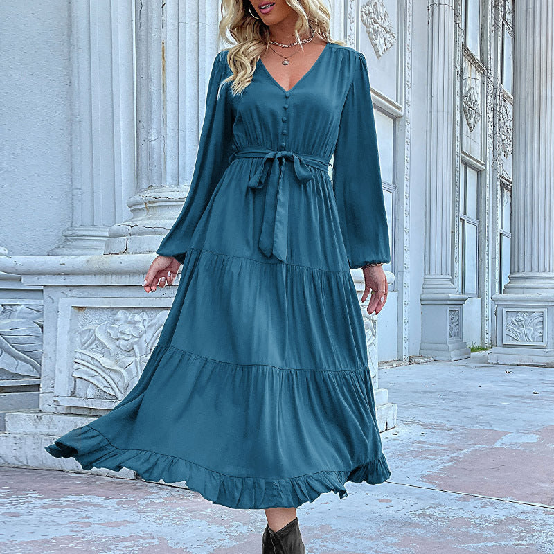Woven V-Neck Pleated Midi Dress – Romantic High Waist with Lantern Sleeves