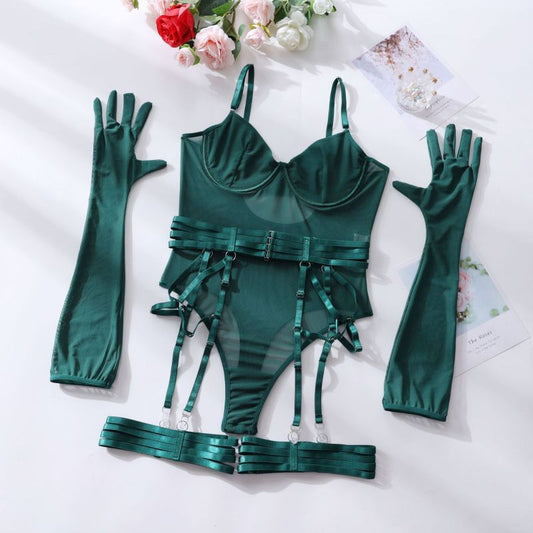 Mesh Panel One-Piece Bodysuit with Gloves – High Stretch, Sexy Fit
