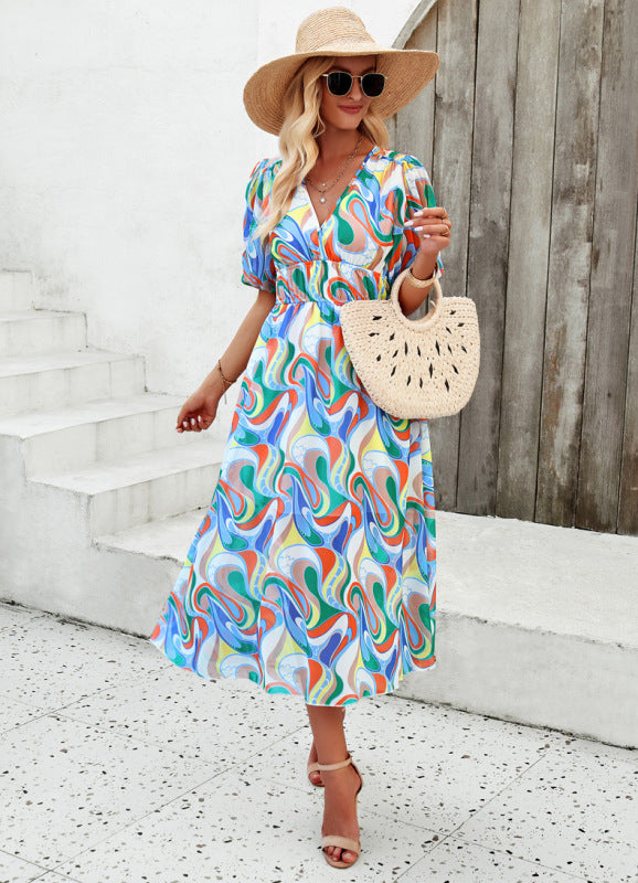 Elegant Floral V-Neck Maxi Dress with Defined Waist – Spring Summer Style