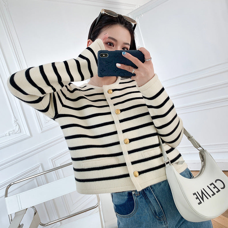 Striped Knit Cardigan Sweater White