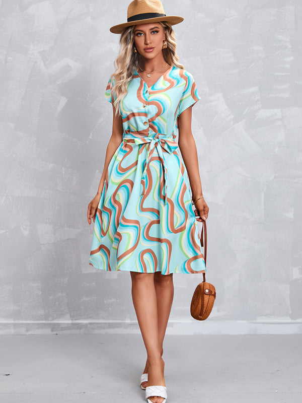 Printed Tie-Front Short Sleeve Dress – Soft Woven Fabric, Graceful Fit
