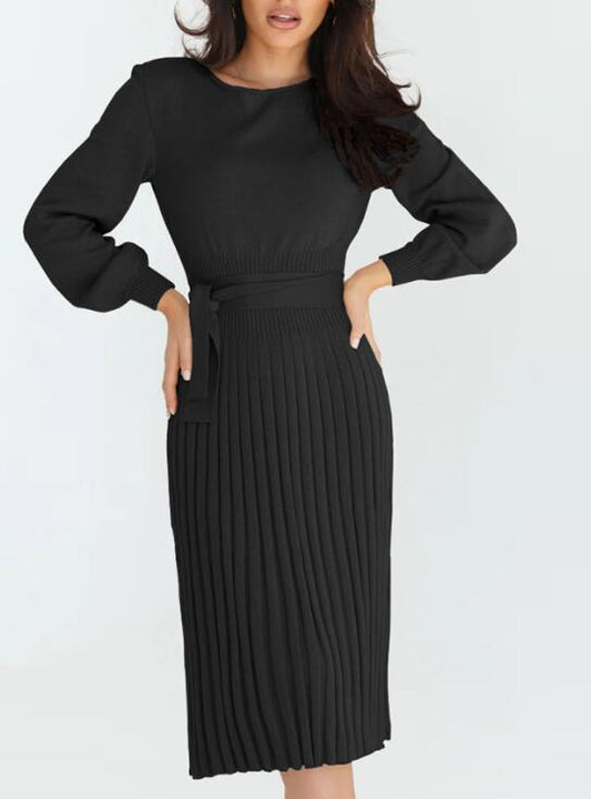 Slim Knit Midi Sweater Dress - Long Sleeve, Pleated Fit For Fall & Winter