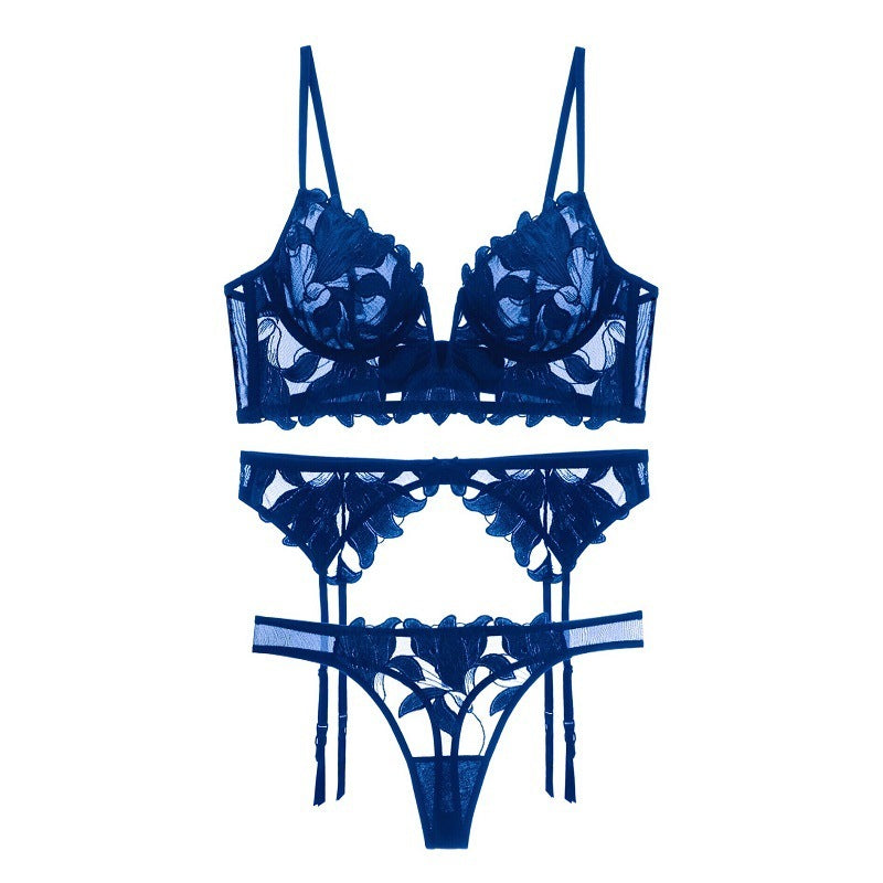 Deep V Floral Embroidered Lace Garter Lingerie Set – Sheer 3-Piece Sexy Design