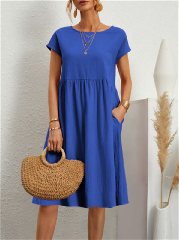 Solid Cotton A-Line Dress – Short Sleeves, Round Neck, Flowy Fit
