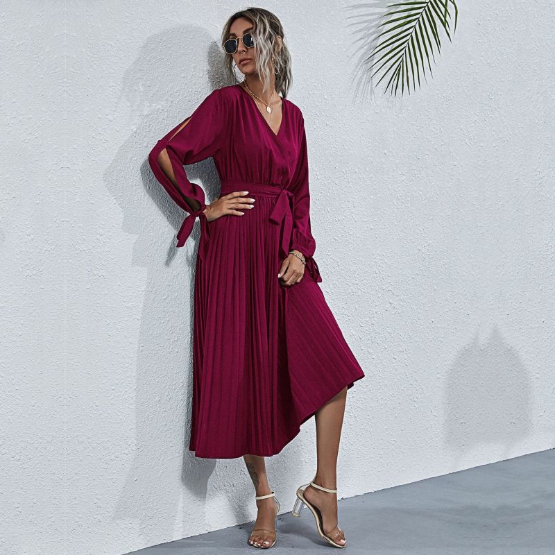 Elegant V-Neck Long Sleeve Midi Dress with Cutout – Spring Leisure Style