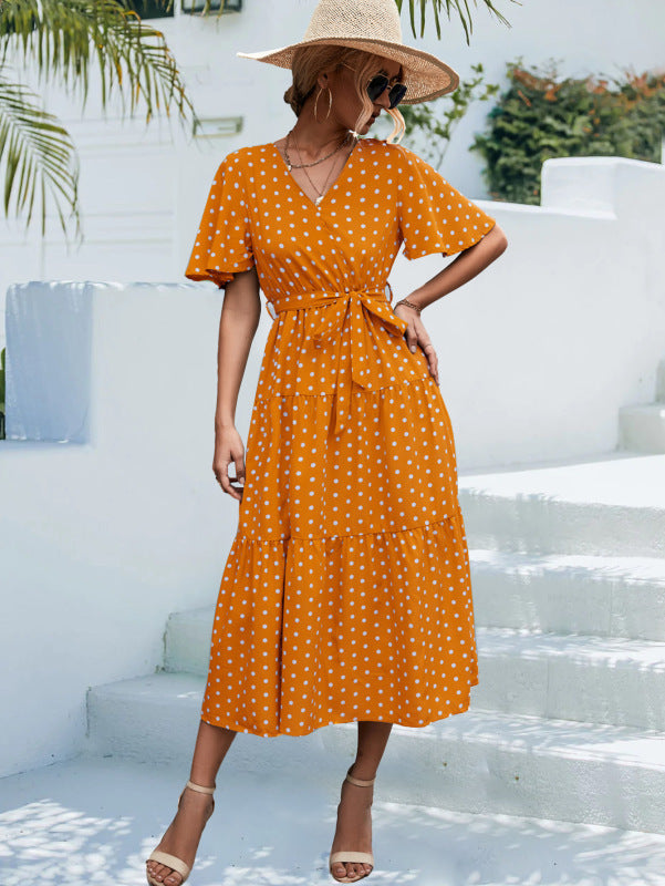 Polka Dot Midi Dress – V-Neck, Flared Sleeves, Lightweight & Wrinkle-Resistant