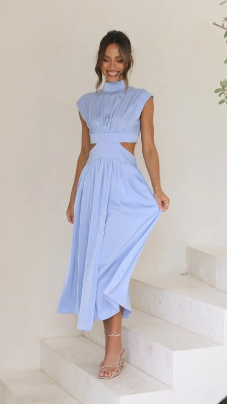 Stand Collar Pleated Maxi Dress – Open Waist, Boho Style, Spring-Summer Comfort