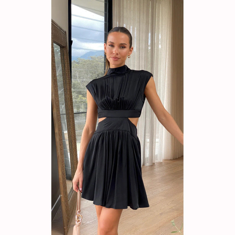 Stand Collar Pleated Maxi Dress – Open Waist, Boho Style, Spring-Summer Comfort