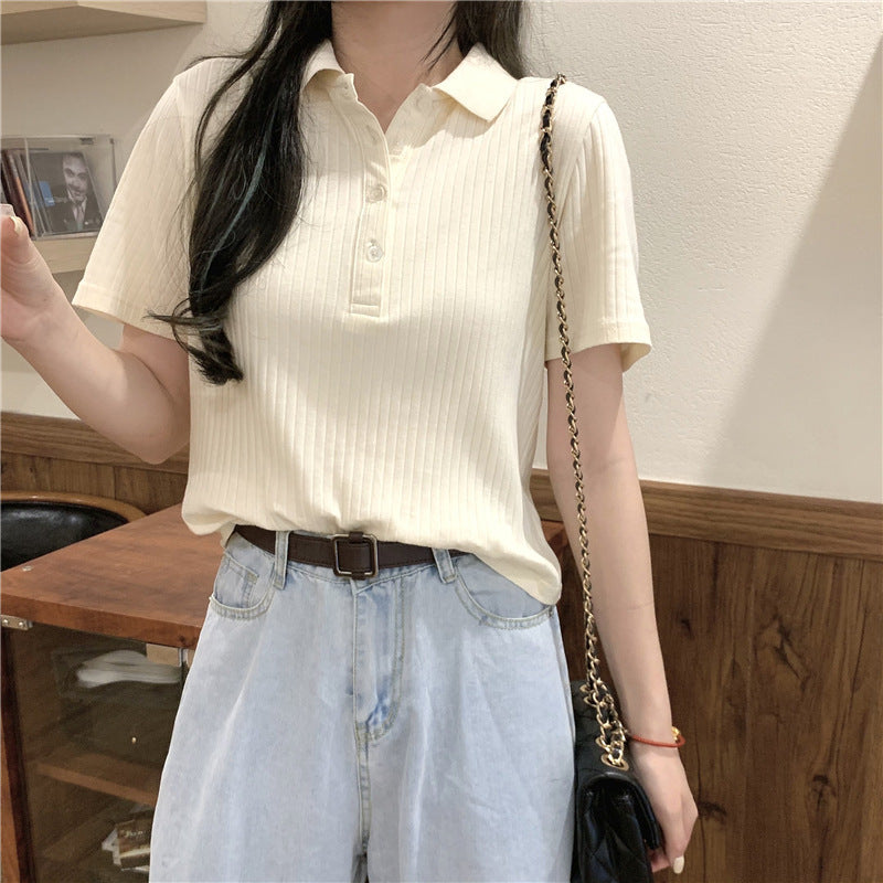 Women's polo neck short-sleeved knitted T-shirt women