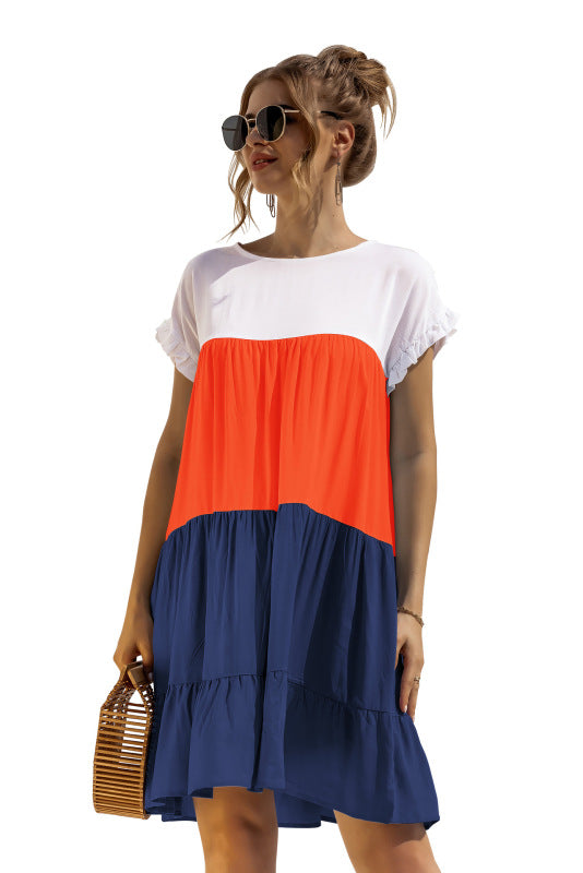 Color Block Boho Baby Doll Shirt Dress – Loose Fit, Short Sleeves, Lightweight Knit
