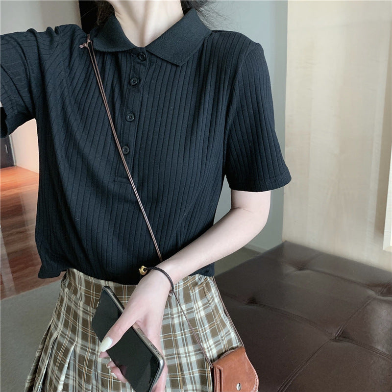 Women's polo neck short-sleeved knitted T-shirt women