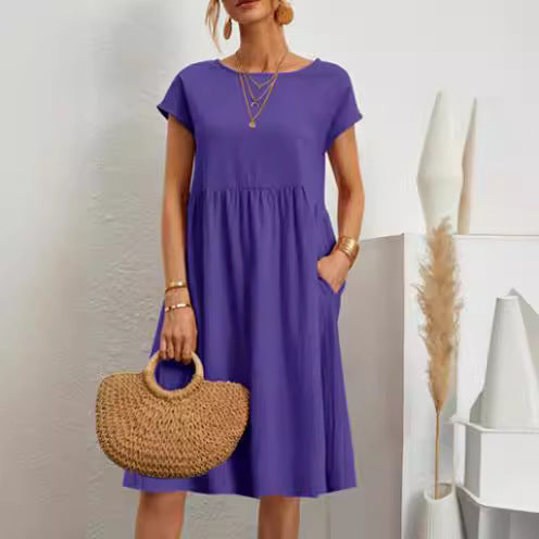Solid Cotton A-Line Dress – Short Sleeves, Round Neck, Flowy Fit