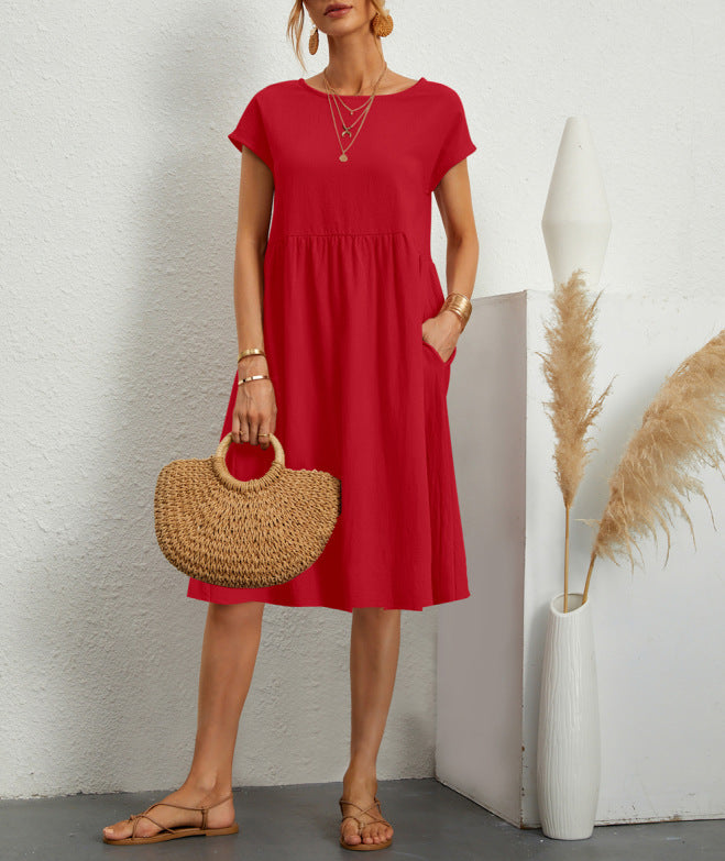 Solid Cotton A-Line Dress – Short Sleeves, Round Neck, Flowy Fit