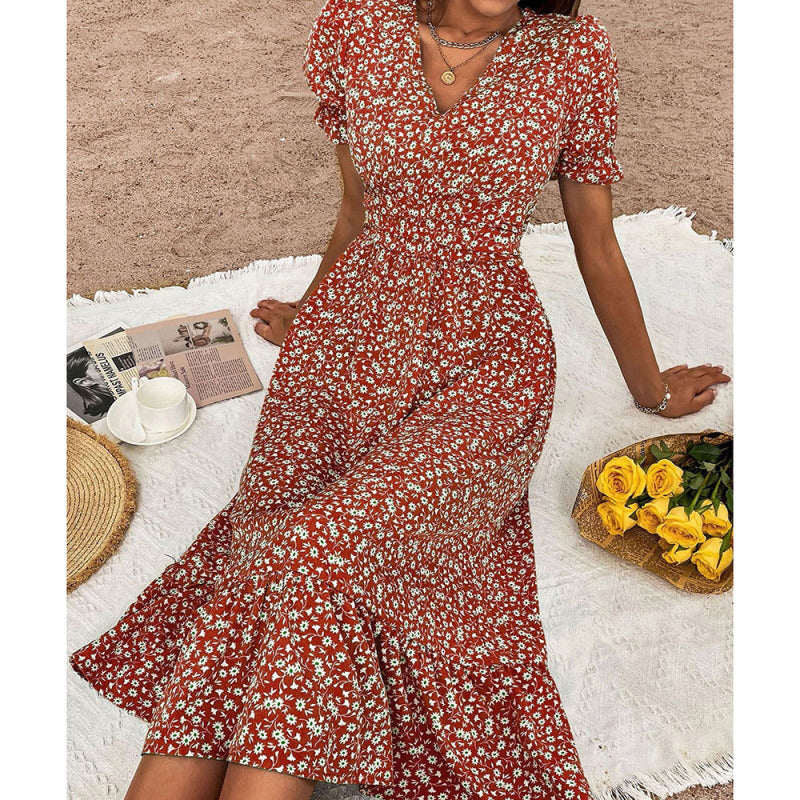 Floral Forest Midi Dress – Lightweight A-Line with Short Sleeves for Summer