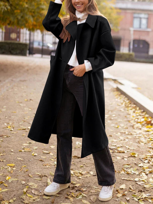 Long Wool-Blend Buttoned Coat with Lapel Collar