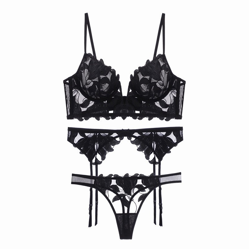 Deep V Floral Embroidered Lace Garter Lingerie Set – Sheer 3-Piece Sexy Design