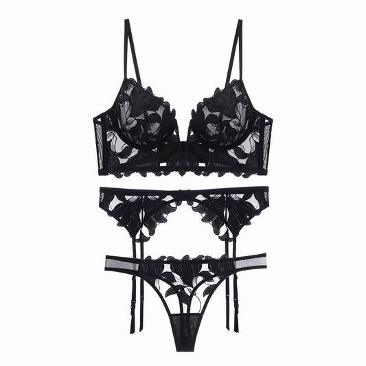 Deep V Floral Embroidered Lace Garter Lingerie Set – Sheer 3-Piece Sexy Design