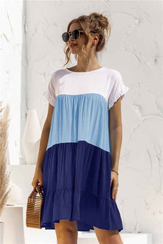 Color Block Boho Baby Doll Shirt Dress – Loose Fit, Short Sleeves, Lightweight Knit