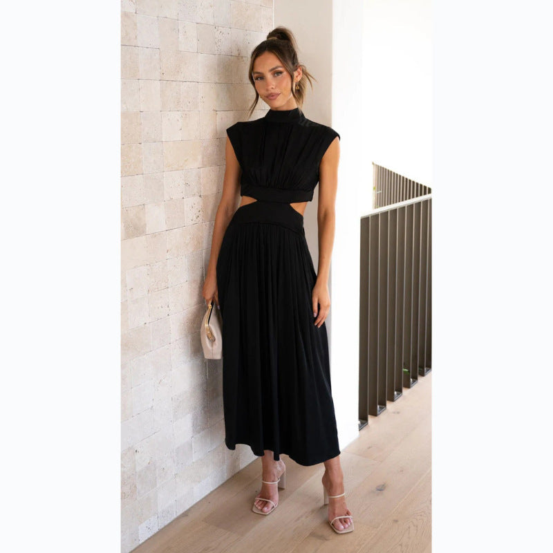 Stand Collar Pleated Maxi Dress – Open Waist, Boho Style, Spring-Summer Comfort