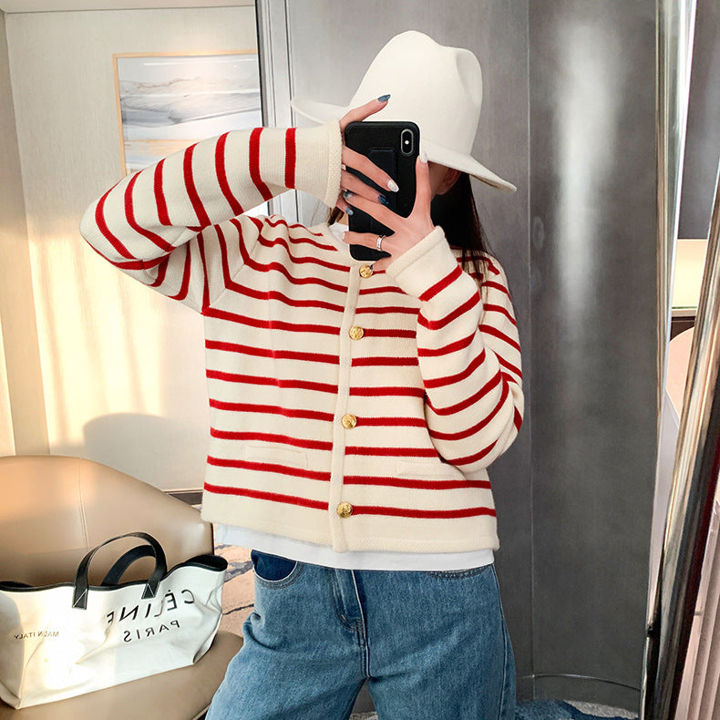 Striped Knit Cardigan Sweater Red