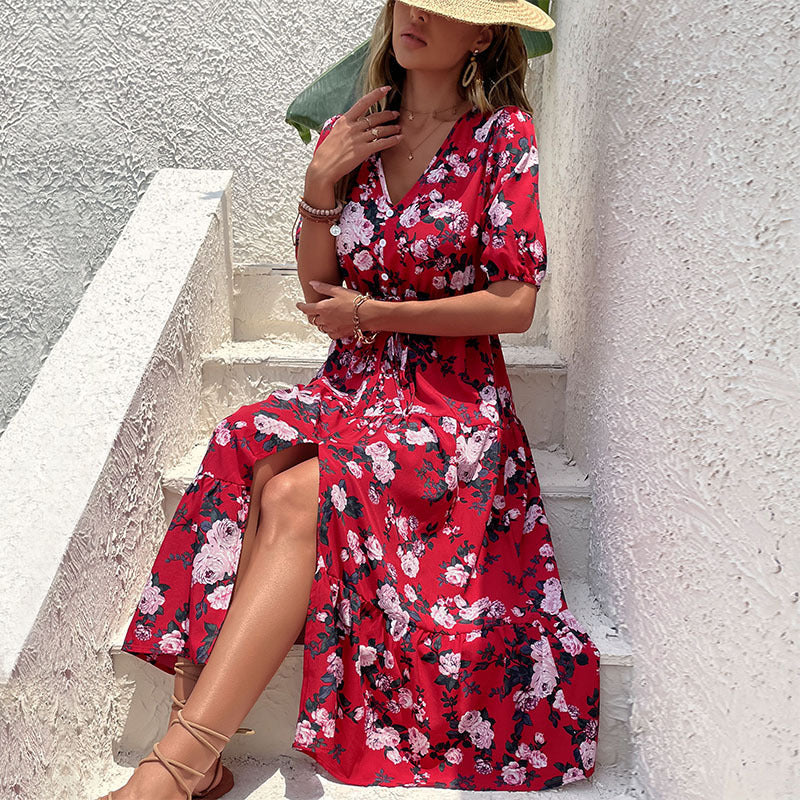 Floral V-Neck Slit Maxi Dress – Romantic Red, Lightweight & Flowy