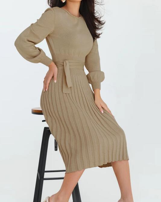Slim Knit Midi Sweater Dress - Long Sleeve, Pleated Fit For Fall & Winter