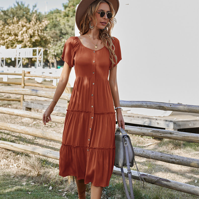 Solid Color Button-Down Short Sleeve Loose Dress – Lightweight Rayon, Relaxed Fit