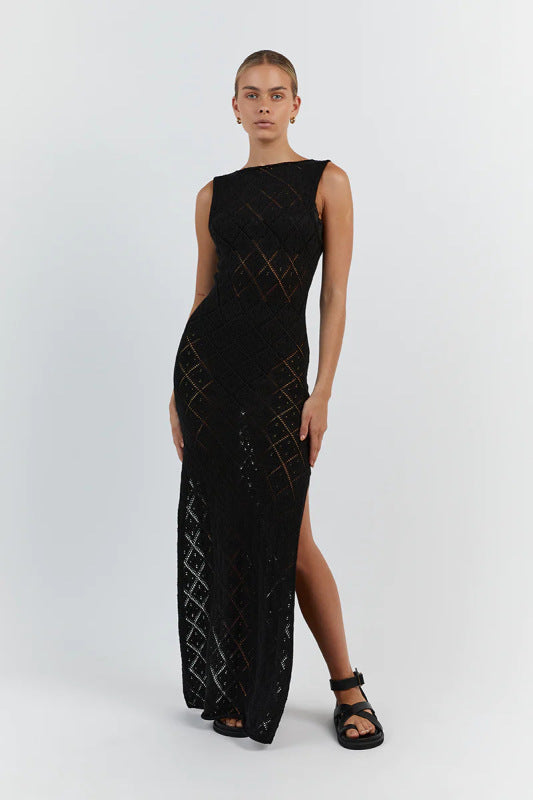 Hollow Knit Sleeveless Maxi Dress with Side Slit – Spring Boho Style