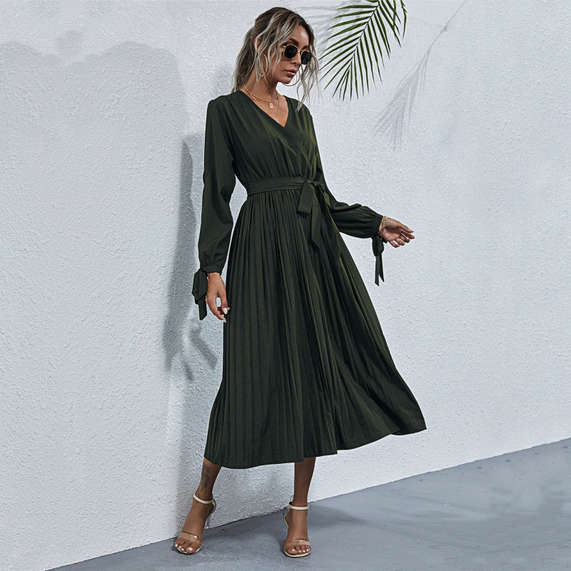 Elegant V-Neck Long Sleeve Midi Dress with Cutout – Spring Leisure Style