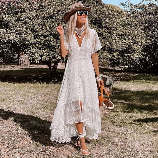 Deep V Long Sleeve Hollow Beach Dress – Elegant Lace Resort Style