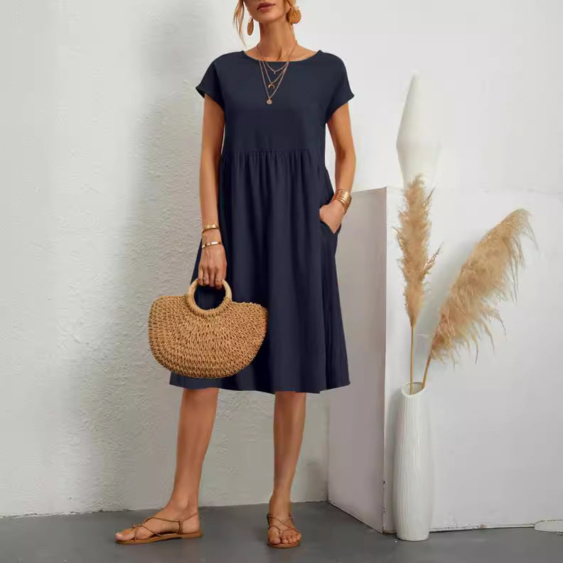 Solid Cotton A-Line Dress – Short Sleeves, Round Neck, Flowy Fit