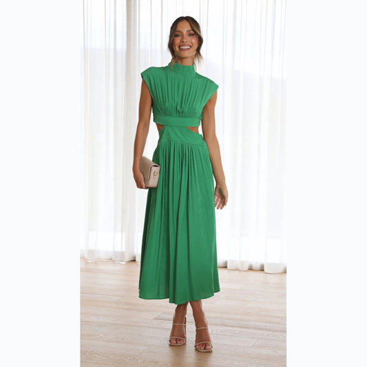 Stand Collar Pleated Maxi Dress – Open Waist, Boho Style, Spring-Summer Comfort