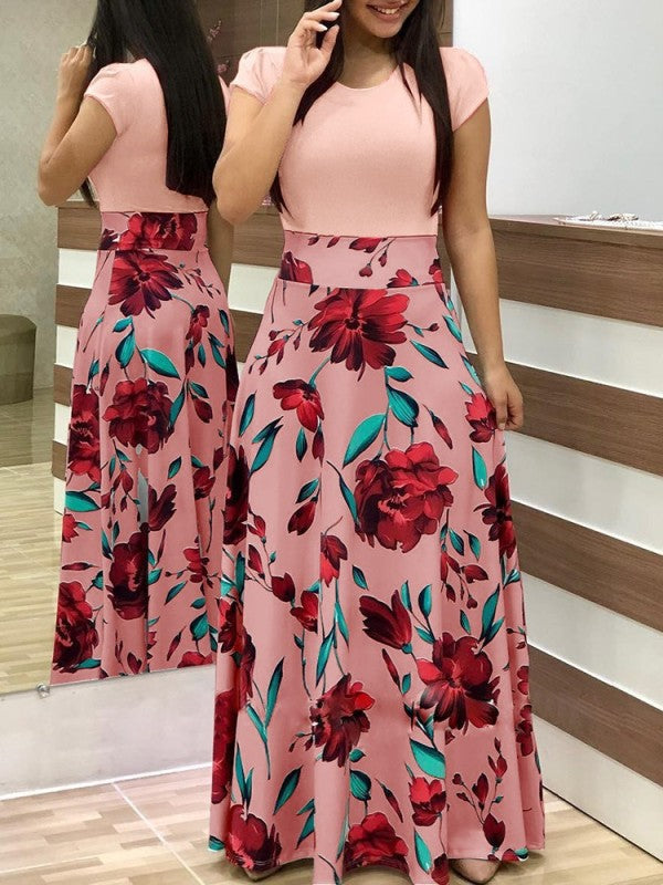 Retro-Colorblock-Maxikleid für Damen – Digitaler Blumendruck und Rundhalsausschnitt
