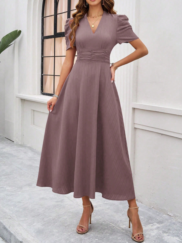 Elegant Solid Color Waist Dress – Deep V Neck, Spring-Summer Style