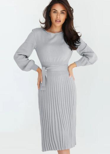 Slim Knit Midi Sweater Dress - Long Sleeve, Pleated Fit For Fall & Winter