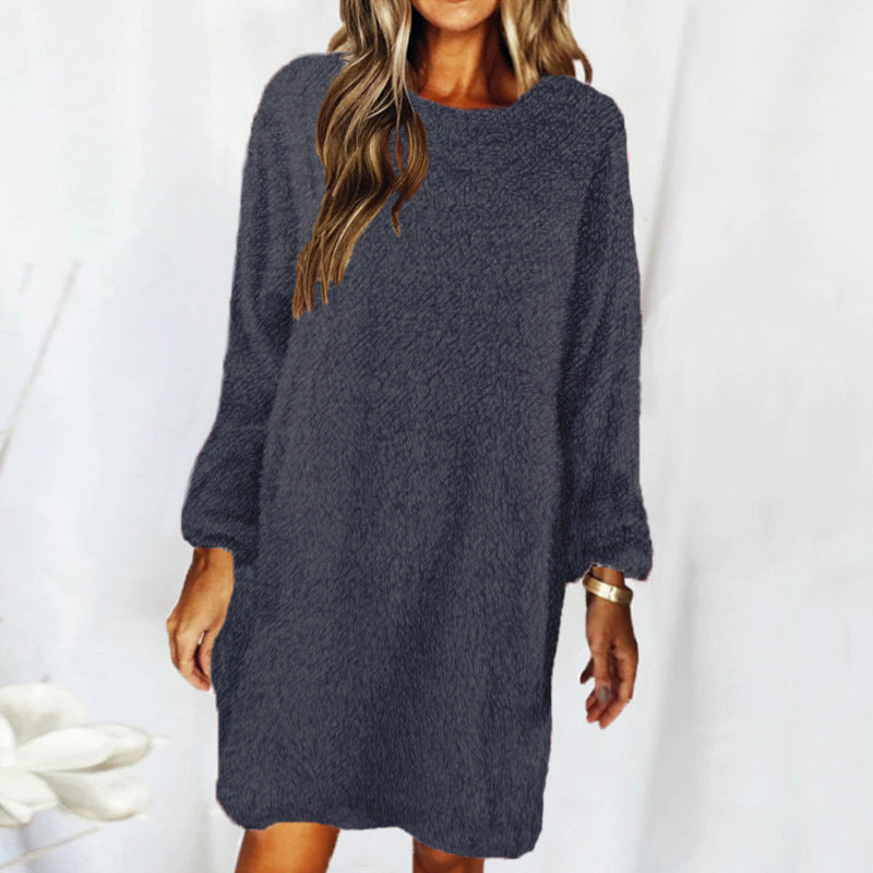 Plush Cotton Lounge Dress – Long Sleeve Relaxed Fit for Fall and Winter