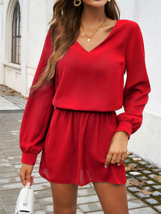 Solid Color Puff Sleeve Midi Dress – Elegant V-Neck Long Sleeve for Fall & Winter