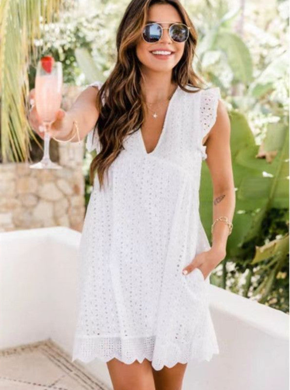 Lace Hollow V-Neck Bohemian Dress – Spring-Summer Slant Pocket Design