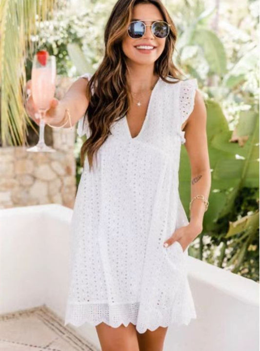 Lace Hollow V-Neck Bohemian Dress – Spring-Summer Slant Pocket Design