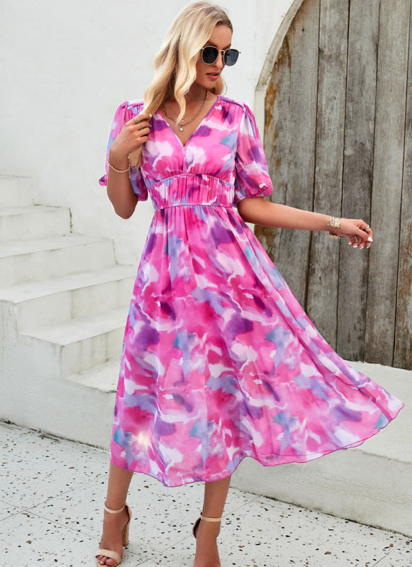 Elegant Floral V-Neck Maxi Dress with Defined Waist – Spring Summer Style
