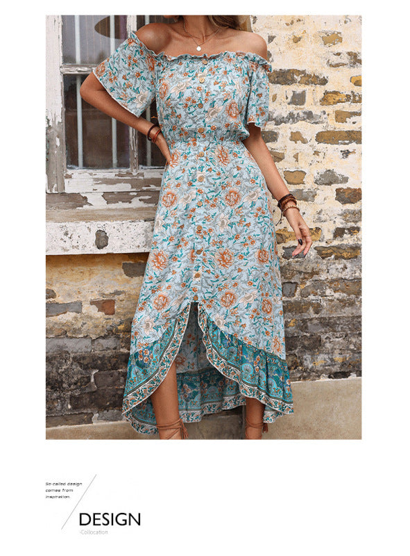 Floral One-Shoulder Vintage Midi Dress – Spring Boho Style in Pale Green