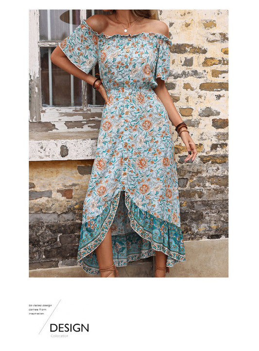 Floral One-Shoulder Vintage Midi Dress – Spring Boho Style in Pale Green
