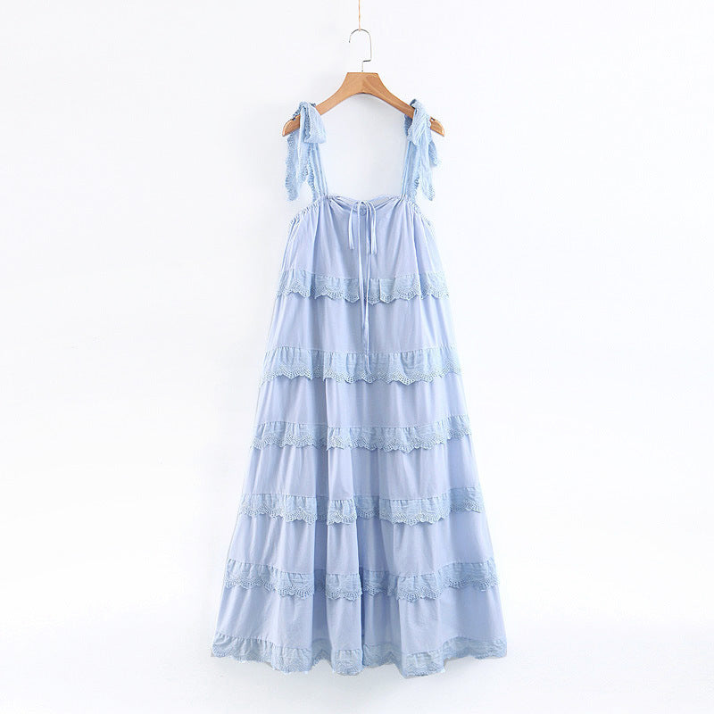 Damen-Maxikleid im Bohemian-Stil mit plissierter Spitze – ärmellos, mehrlagiger Saum